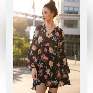 Yumi Kim Vicky Black Floral Print Long Sleeve Flare Mini Dress Size Large NWT